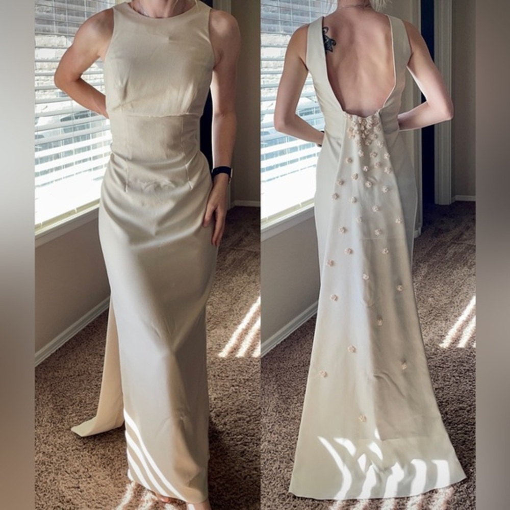 Anthropologie Watters Beige Dress Gown With 3D Flower Train